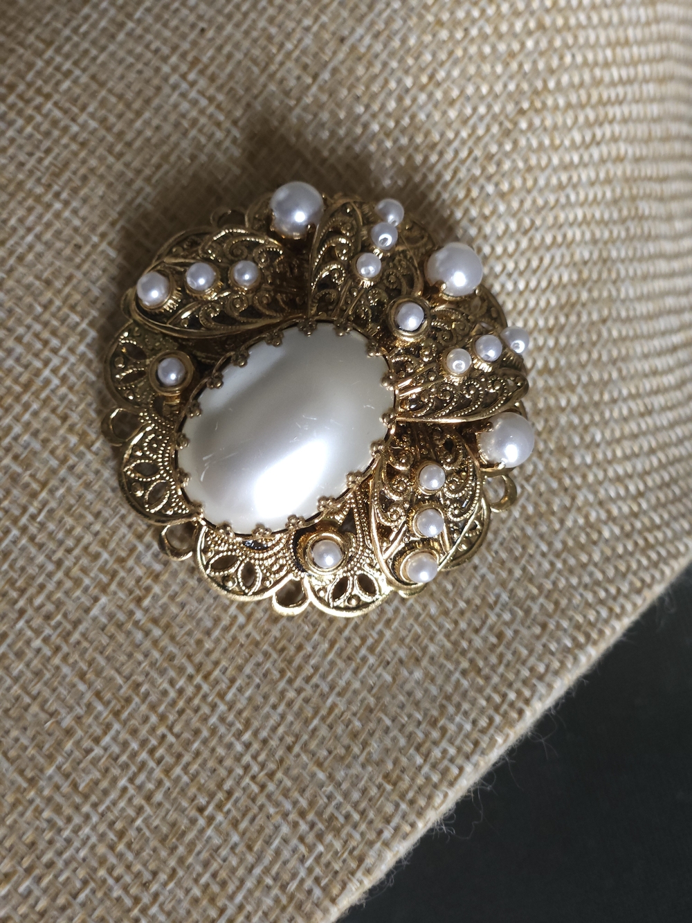 Gold Ornate Pearl Center Brooch - White Pearlescent Accents